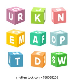 Set of colorful toy bricks with letters. Single vector cubes isolated on white background.