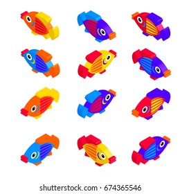 A set of colorful toy fish in isometric projection isolated on a white background. Vector illustration.
