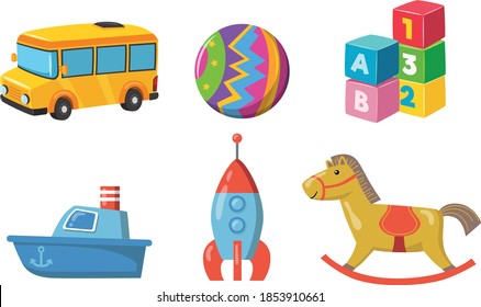 set of colorful Toy icon collection ball, bus, rocket, plane, car, teddy bear, ship, cubes and horse -cartoon vector illustration for kids and educational purposes