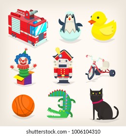 Set of colorful toys for kids games and retro christmas presents. Isolated vector images