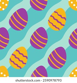 Set of colorful traditional Easter eggs.Seamless patter background for wrapping and wallpaper. Vector illustration on blue background 