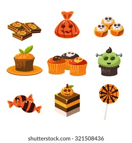 Set of colorful traditional Halloween cupcakes, lollipops and candies Vector Illustration