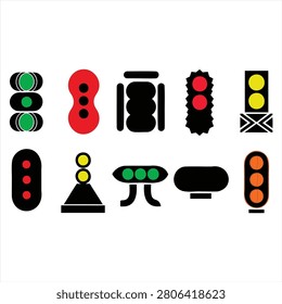 Set of colorful traffic lights and road signs icons on transparent background