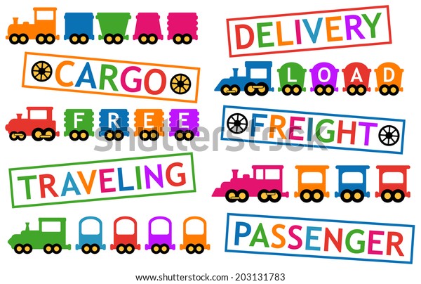 set colorful trains for passenger, travel\
and cargo transportation