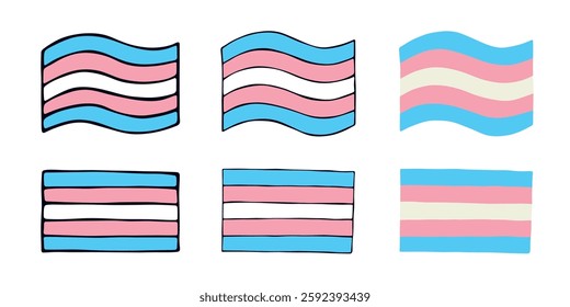 Set of colorful Transgender pride flag Happy pride day LGBTQIA community Pride Month Vector hand drawn doodle for posters, stickers, logo, cards