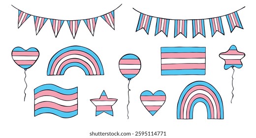 Set of colorful Transgender pride flag Happy pride day LGBTQIA community Pride Month Vector hand drawn doodle for posters, stickers, logo, cards