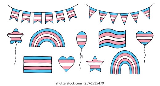 Set of colorful Transgender pride flag Happy pride day LGBTQIA community Pride Month Vector hand drawn doodle for posters, stickers, logo, cards