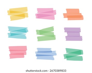 Um conjunto de destacadores coloridos e translúcidos, marcadores, fita de mascaramento, adesivos e rótulos que podem ser decorados com pontos.