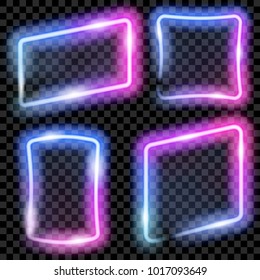 Set of colorful translucent neon frames in blue and purple colors on transparent background. Transparency only in vector format