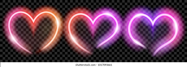 Set of colorful translucent neon hearts on transparent background. Transparency only in vector format