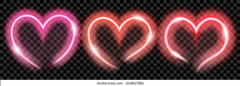 Set of colorful translucent neon hearts on transparent background. Transparency only in vector format