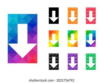 Set of colorful transparent arrow down pointer in rectangle shape isolated on white background. Good for app, web, or element project. Vector illustration.