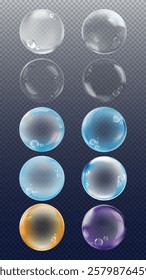 Set of colorful transparent bubbles on a dark background. Includes clear, blue, orange, and purple bubbles. Glossy, reflective, and varied in color. Soap bubble element vector set.