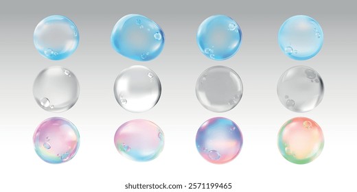 Set of colorful, transparent bubbles with reflections. Bubbles in blue, pink, and green hues. Glossy, round bubbles with a shiny, smooth surface. Soap bubble element vector set.