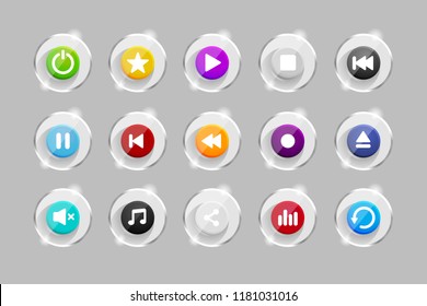 set of colorful transparent buttons with glass frames music player isolated on grey background