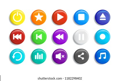 set of colorful transparent buttons with glass frames music player isolated on grey background