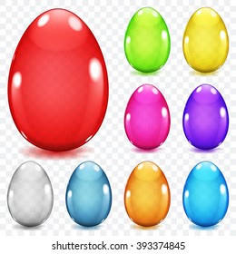 Set of colorful transparent glass Easter eggs with shadows
