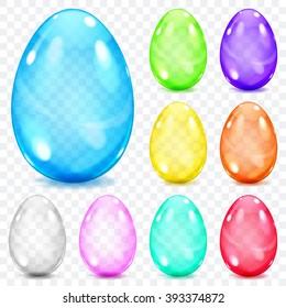 Set of colorful transparent glass Easter eggs with shadows