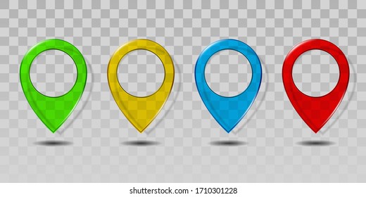 Set of colorful transparent glass map pointer icon. Vector illustration