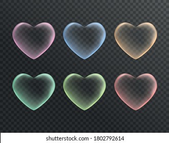 Set of colorful transparent heart.  Happy Valentine's day greeting template. Vector illustration.