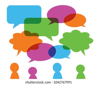 set of colorful transparent speech bubbles various shape, green orange blue pink and group of stylised people figures, vector eps 10