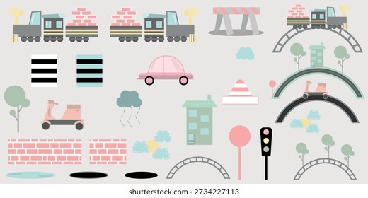 Set of colorful transport and city elements including trains, car, scooter, traffic light, crosswalks, barriers, cones, trees, buildings, bridges, weather icons and road parts
