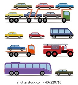 Set of colorful transport. Different kinds of automobile. Vector illustration. Grouped for easy editing.