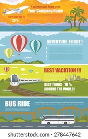 Set of Colorful Travel Banners with Flat Design. Flying airplane, Train, Bus, Hot Air Balloon.
Transportation.