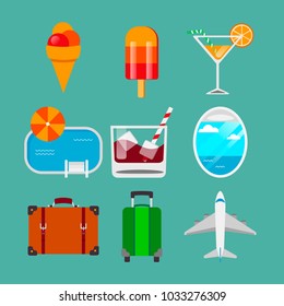 Set of colorful travel icons in flat stile isolated on blue background. Vector illustration.