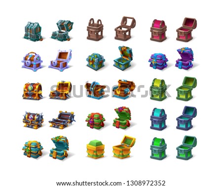 Set of colorful treasure chest empty and closed for game isolated on white background. Vector illustration.