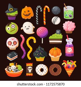 Un conjunto de coloridas delicias para una fiesta de Halloween. Pasteles decorados, galletas de azúcar como personajes de halloween, bebidas con colores ácidos. Caramelos vectoriales.