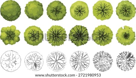 Set of colorful tree top view symbols for architectural site plan, vegetation rendering icons for landscape design and garden masterplan maps..eps