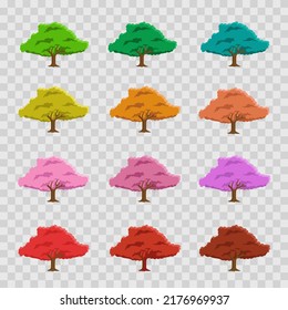Conjunto de árboles coloridos para parque, bosque, caricatura de coníferas y plantilla de afiches