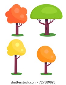 Set of colorful trees with red green orange and yellow leaves with brown trunks vector illustrations isolated on white. Exotic plants flat design cartoon style