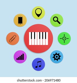 Set of colorful trendy buttons / icons for smart phones, tablets, websites or applications (app). Isolated on light blue background. Vector illustration.