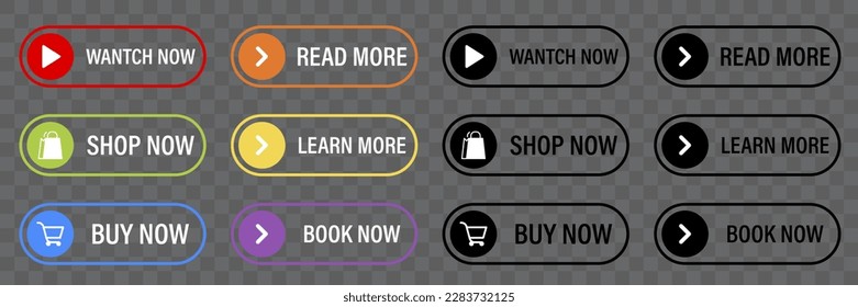 Set of colorful trendy buttons or websites and applications in flat design. Watch now, shop now, buy now, read more, learn more, book now. Vector illustration