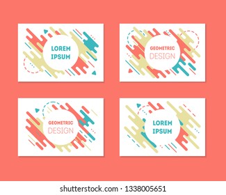 Set of colorful trendy cards with flat dynamic design. Bright geometric shapes in motion, Memphis frame. Applicable for covers, posters, flyers and banner. Living coral color. Minimal vector