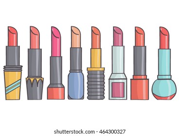 Set of colorful, trendy lined up lipsticks. Isolated collection.