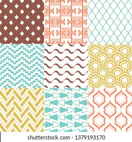 Set of colorful trendy retro geometric seamless patterns for interior design. Vector backgrounds collection

