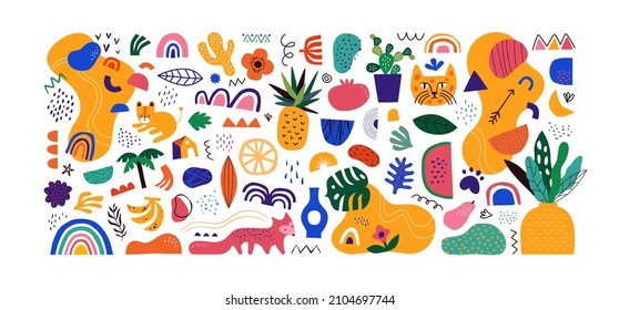 Set of colorful trendy shapes in childish hand drawn style. Modern flat drawing cartoon collection. Summer jungle decoration and exotic tropical animals on isolated white background.