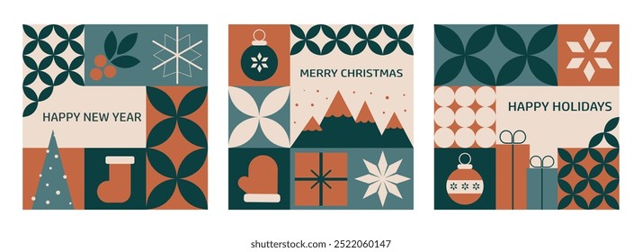 Set of colorful, trendy templates with geometric abstract designs for Christmas and New Year, featuring mosaic elements and traditional winter holiday symbols. 