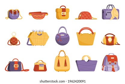 Set of colorful and trendy women bags. Fashion accessories of different types isolated on white background. Vector illustration.