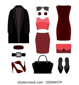 Set of colorful trendy women's clothes and accessories.Women's wardrobe. Vector illustration