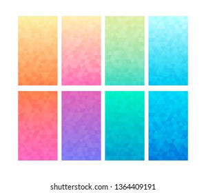 Set of colorful triangular gradients. Modern mobile app backgrounds. Vector abstract blurred smooth image.