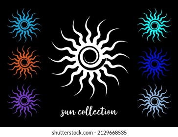 Set colorful Tribal Sun Tattoo Sonnenrad Symbol, sun wheel sign. Summer icon. The ancient European esoteric element. Logo Graphic element spiral shape. Vector design isolated or black background 