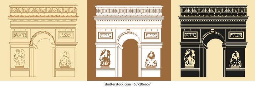 Set of Colorful Triumphal Arch (contour, colorful, black) vector Illustrations on beige background 