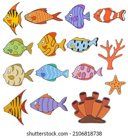 Set of colorful tropic fishes and corals cartoon style hand drawn for design