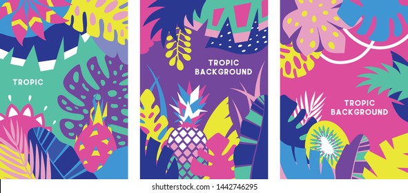 Set of colorful tropical backgrounds. Bright leaves and exotic fruits. Vector cartoon illustrations.