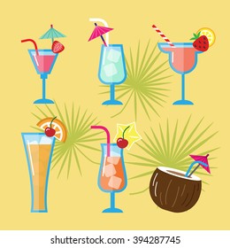 Set of colorful tropical cocktails. Holiday, party, celebration concept. Vector flat style illustration.