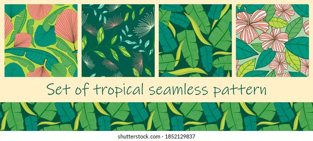 Set of Colorful Tropical exotic palm leaves seamless pattern. Hand drawn palm leaves with contour. Floral background for fabric, textile, T-shirts and wallpaper. Jungle leaves seamless pattern.